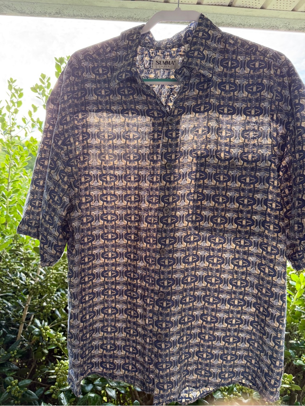 Vintage Summa Blue Tan Abstract Geometric Short Sleeve Button Silk Shirt Large